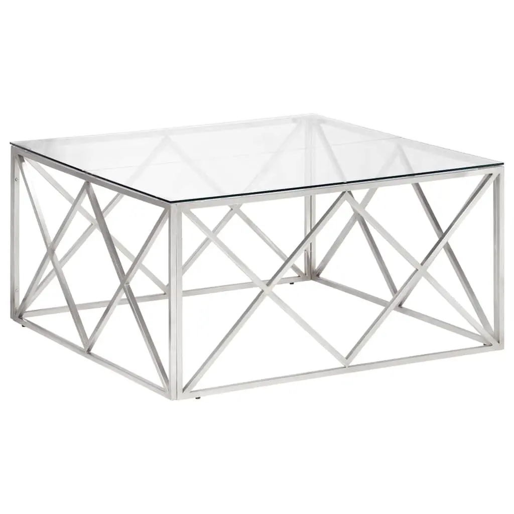 Coffee Table Modern Accent Silver Stainless Steel Frame Tempered Glass Top