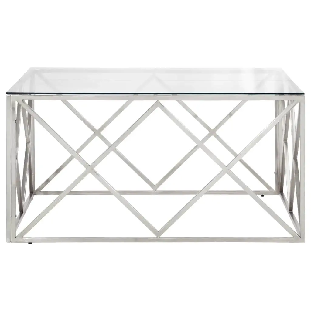 Coffee Table Modern Accent Silver Stainless Steel Frame Tempered Glass Top
