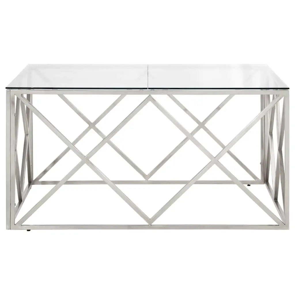 Coffee Table Modern Accent Silver Stainless Steel Frame Tempered Glass Top