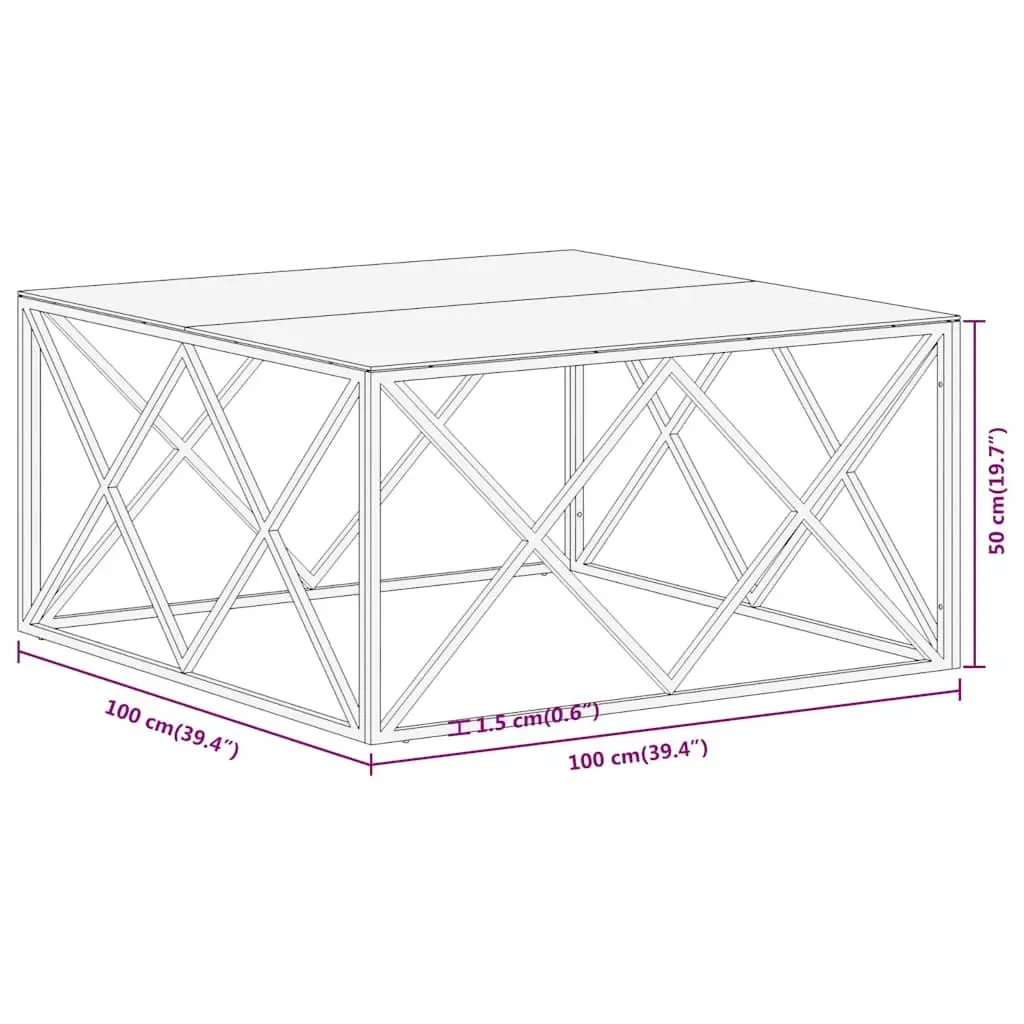 Coffee Table Modern Accent Silver Stainless Steel Frame Tempered Glass Top