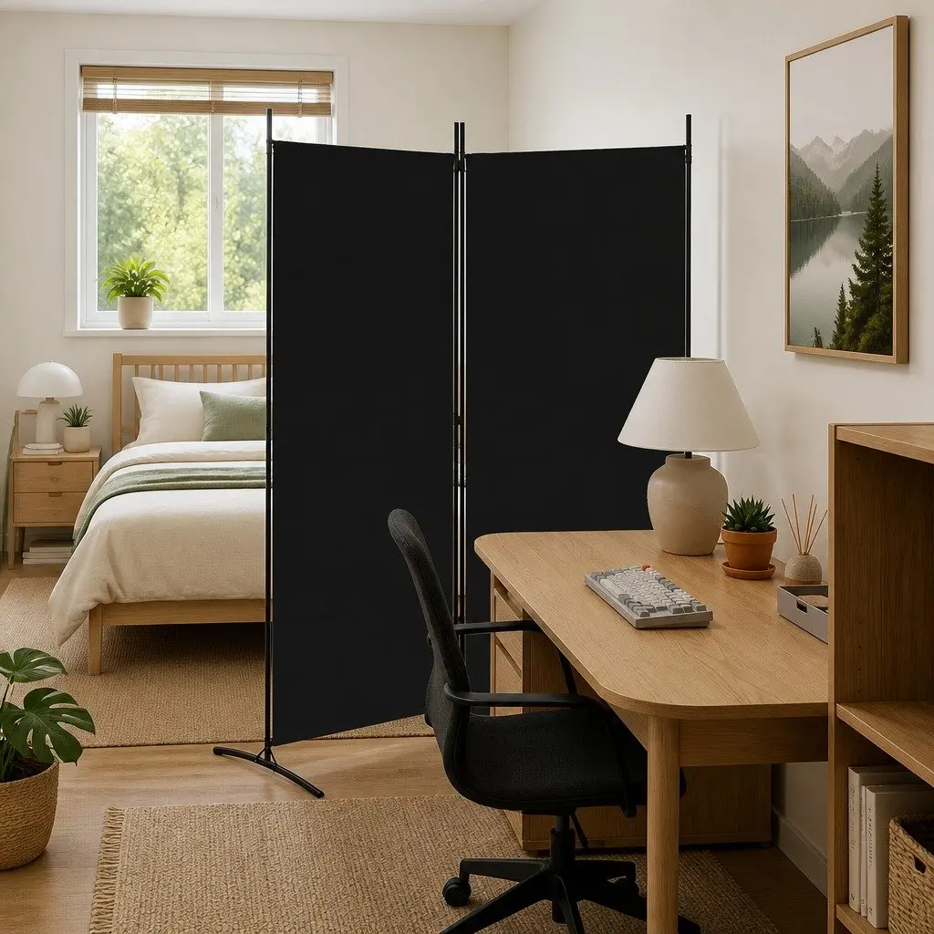 2-Panel Room Divider Screen Privacy Partition 175x180cm Black Fabric Folding
