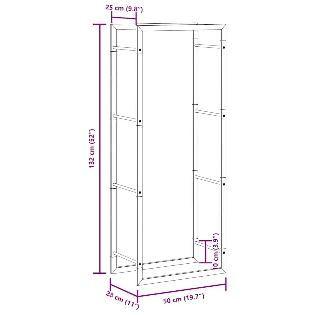 Log Rack Firewood Storage Holder Black Steel 50x28x132cm Indoor Outdoor