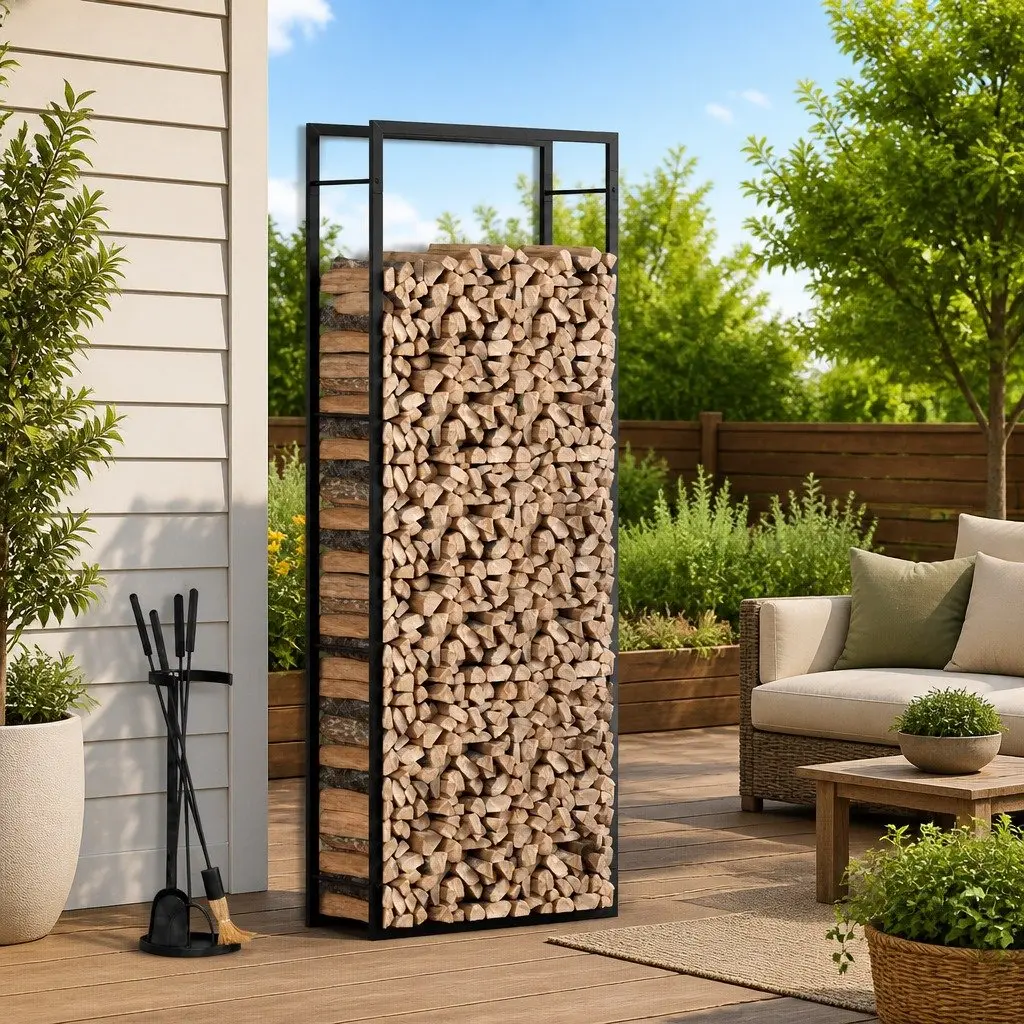 Steel Log Rack Black Firewood Storage Indoor Outdoor Fireplace Holder