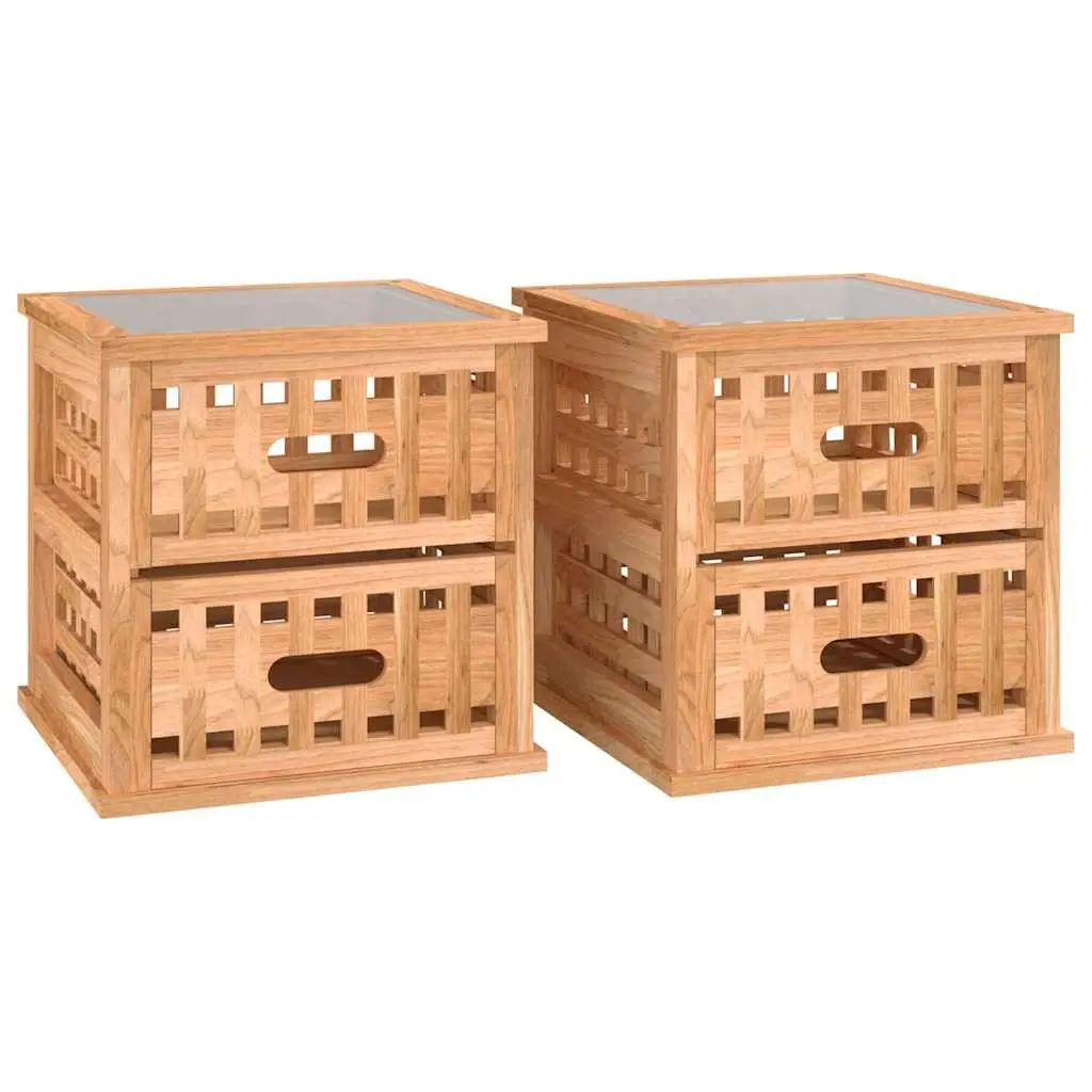 Bedside Cabinets 2 pcs Solid Wood Storage Drawers Glass Top Side Tables Brown