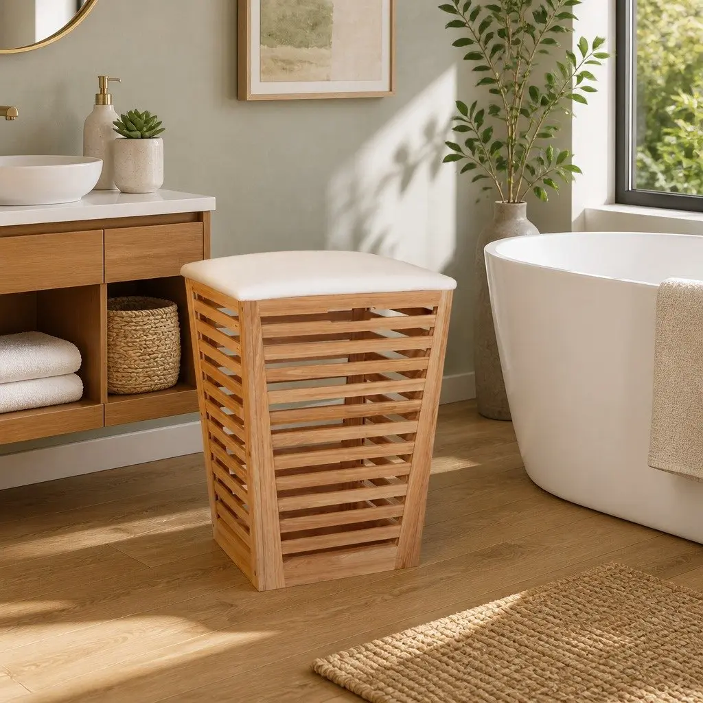 Wooden Bathroom Storage Stool Laundry Basket Seat 40.5cm Brown