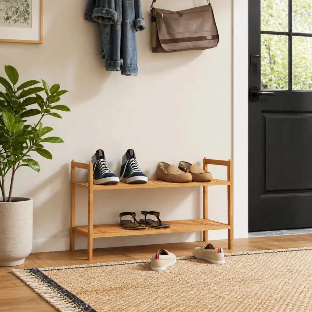 Shoe Rack Solid Wood Storage Organiser 2 Shelves Brown
