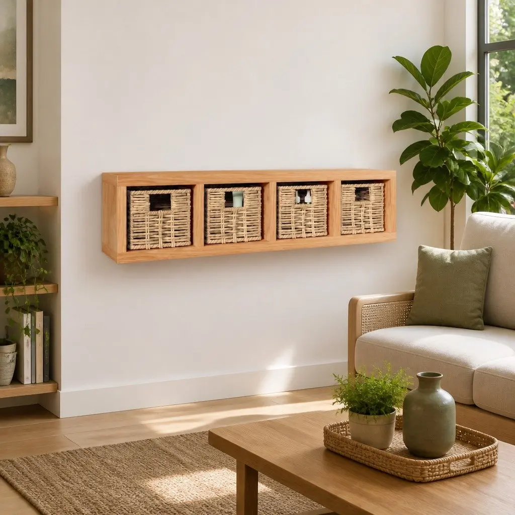 Wall Shelf with Removable Baskets, Solid Wood