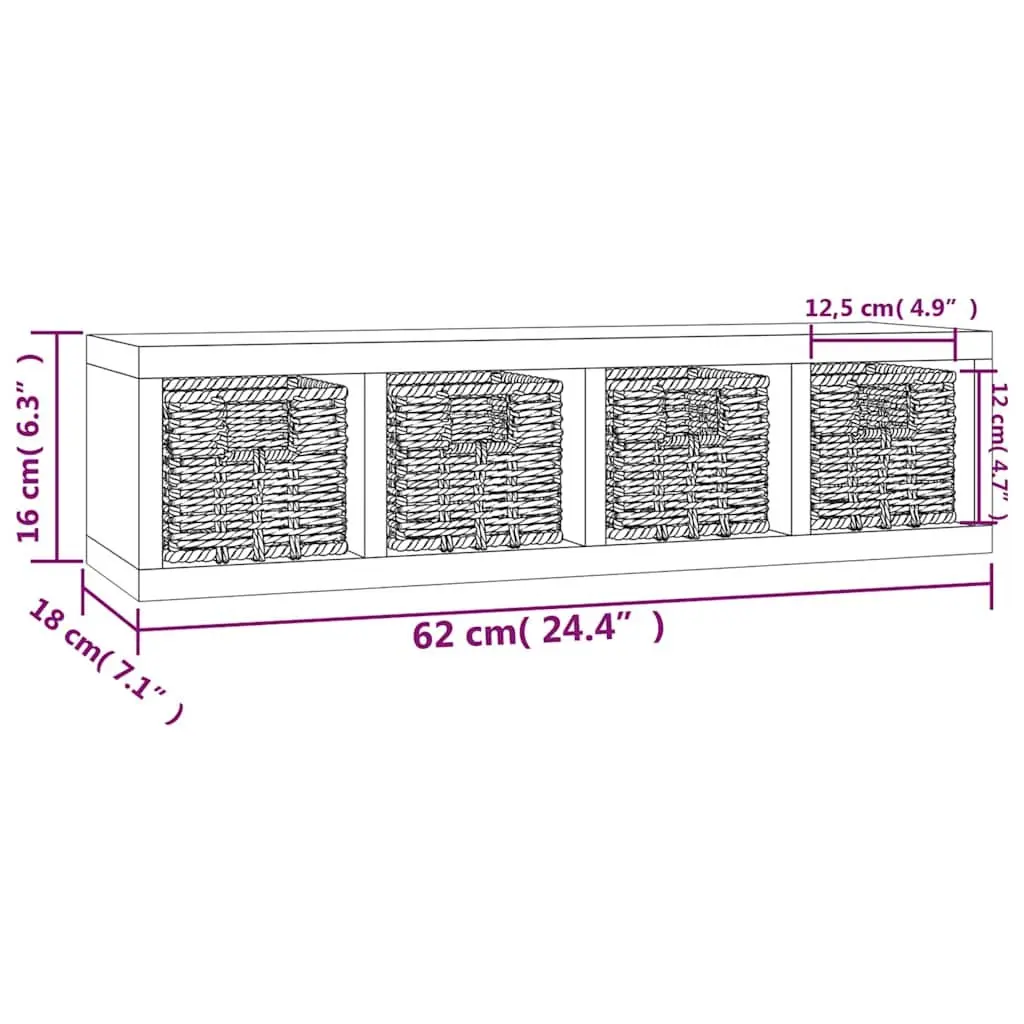 Wall Shelf with Removable Baskets, Solid Wood
