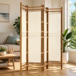 Folding Room Divider 4-Panel Privacy Screen 160cm Bamboo Canvas Cream Partition