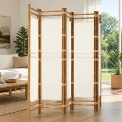 Cream Bamboo Canvas Room Divider with 5 Panels 200cm