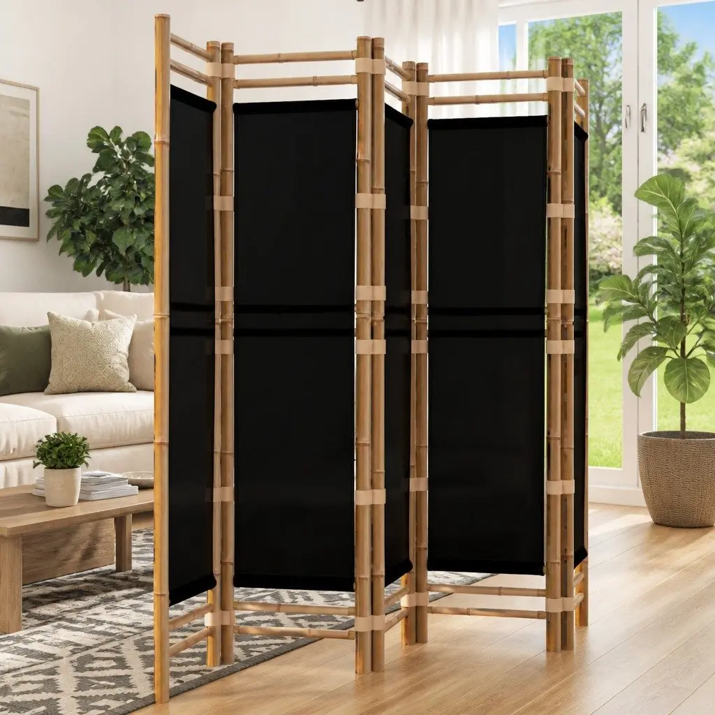 5-Panel Room Divider Privacy Screen 200cm Bamboo Canvas Black
