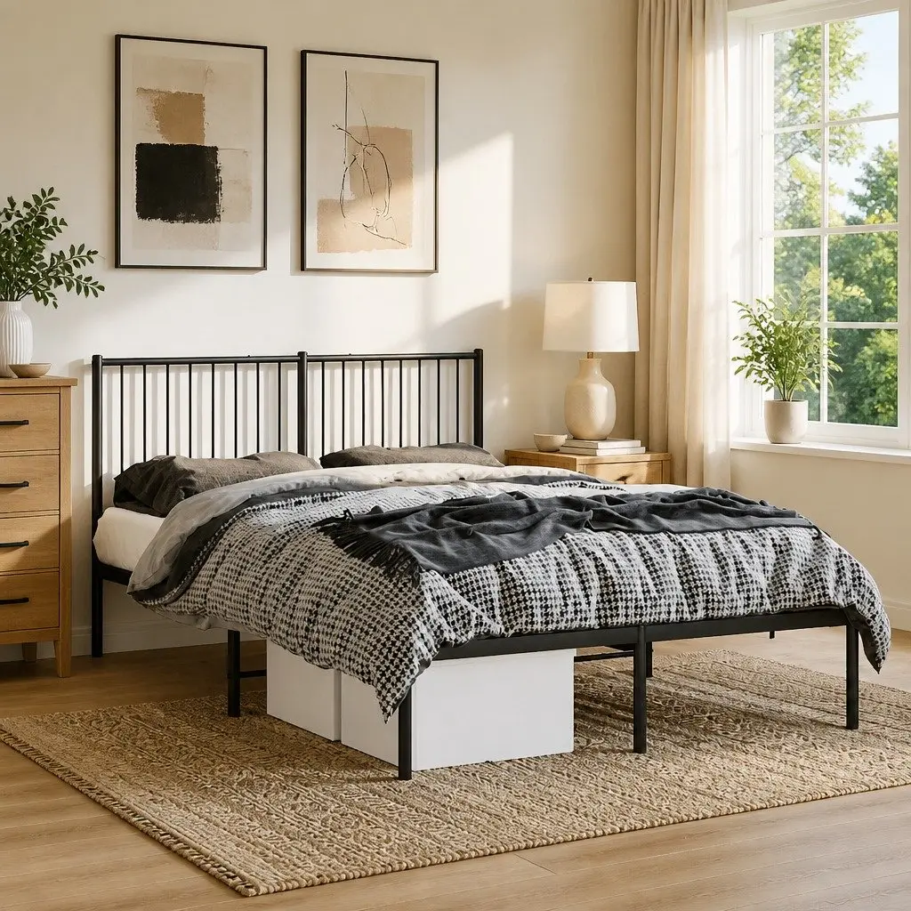 Metal Bed Frame 135x190 cm Black Bedroom Furniture with Headboard and Slats