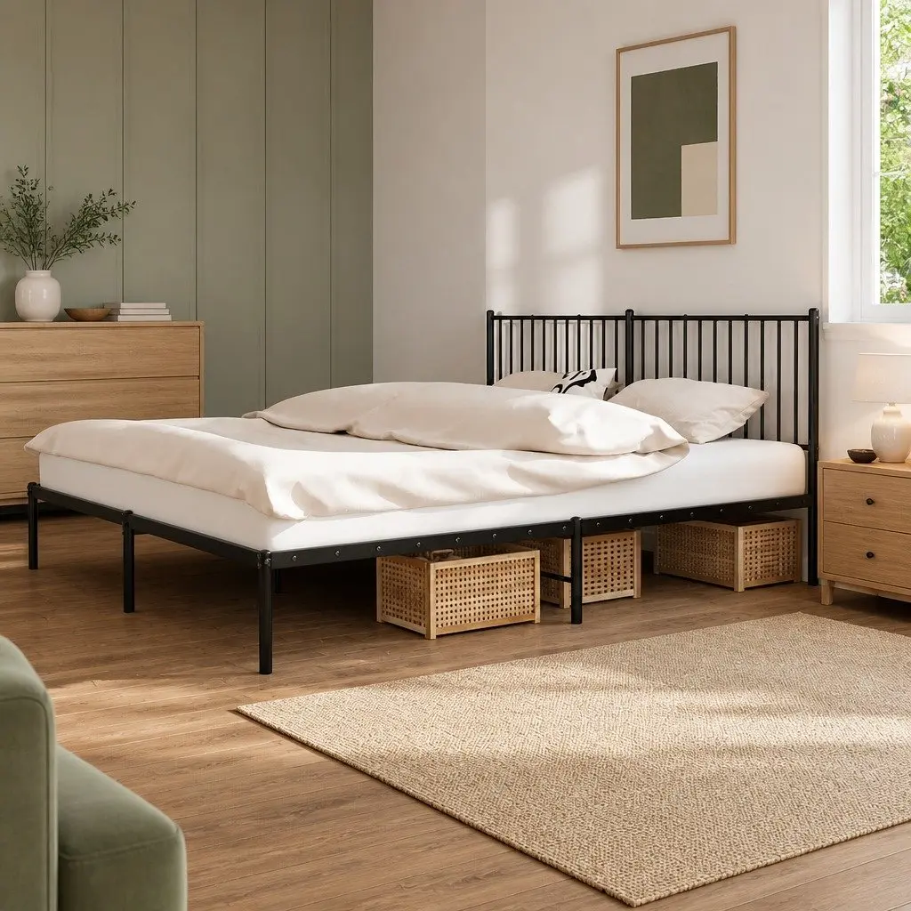 Black Metal Bed Frame King with Headboard Support