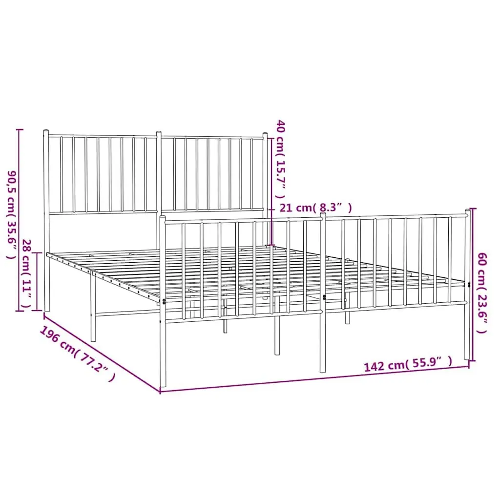 Metal Bed Frame Queen 135x190 cm Black Steel with Footboard and Headboard