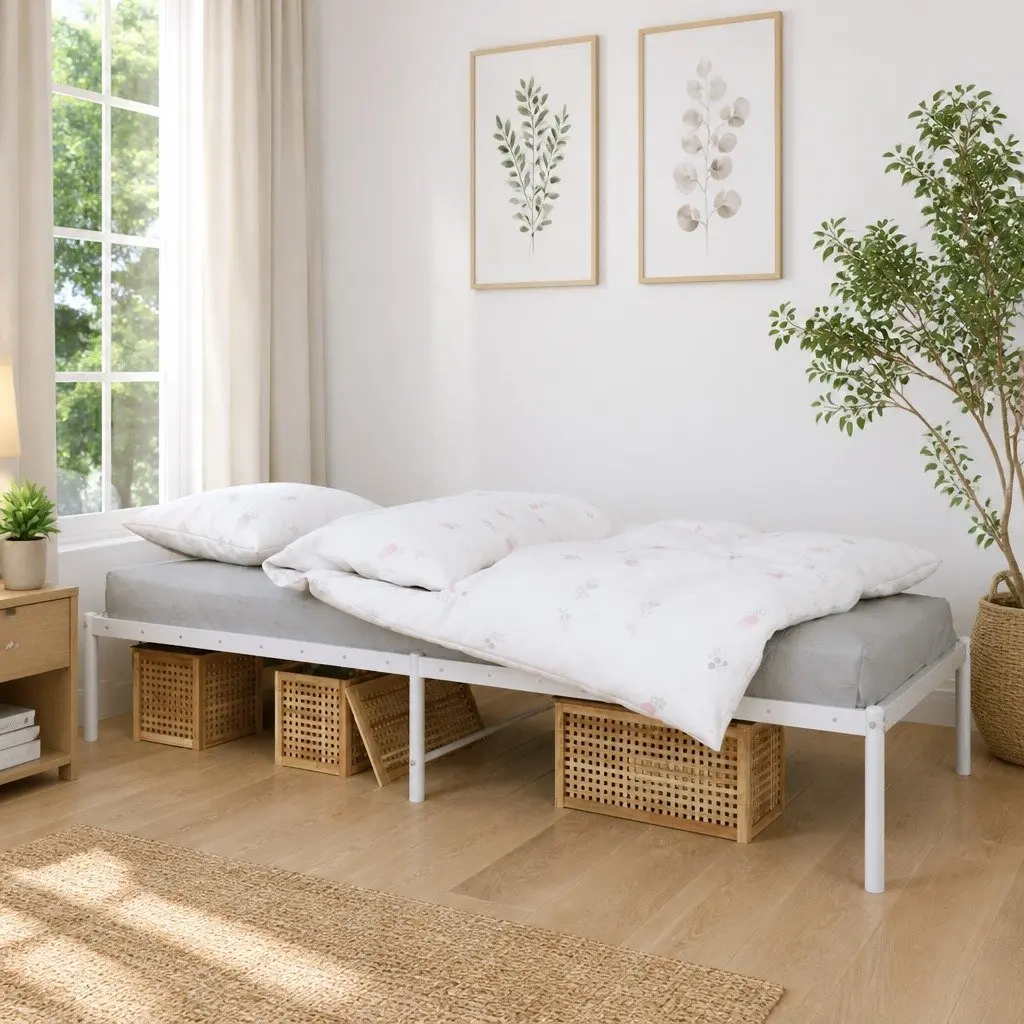 Metal Bed Frame 90x190 cm White Steel Platform Slat Support