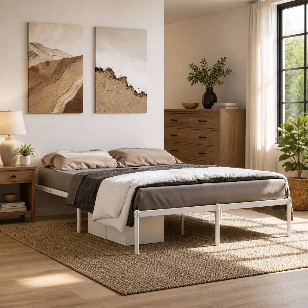 Metal Bed Frame Slatted Base 135x190 cm White Sturdy Steel Platform