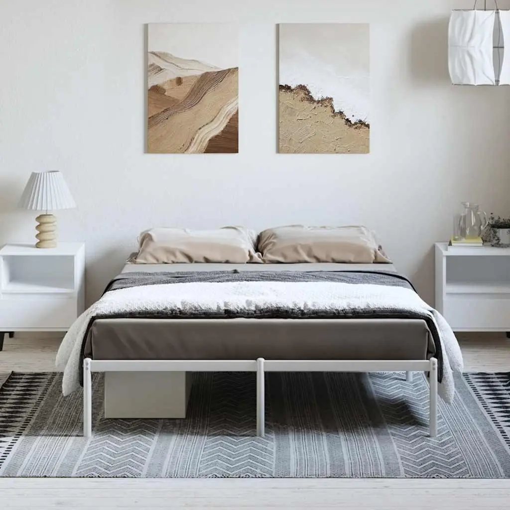 Metal Bed Frame Slatted Base 135x190 cm White Sturdy Steel Platform