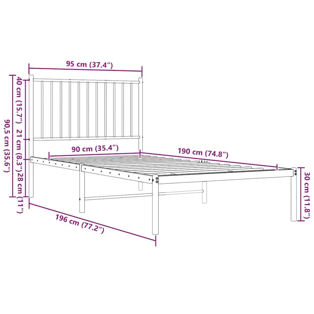 Metal Bed Frame White 90x190 cm with Headboard Slatted Base Storage