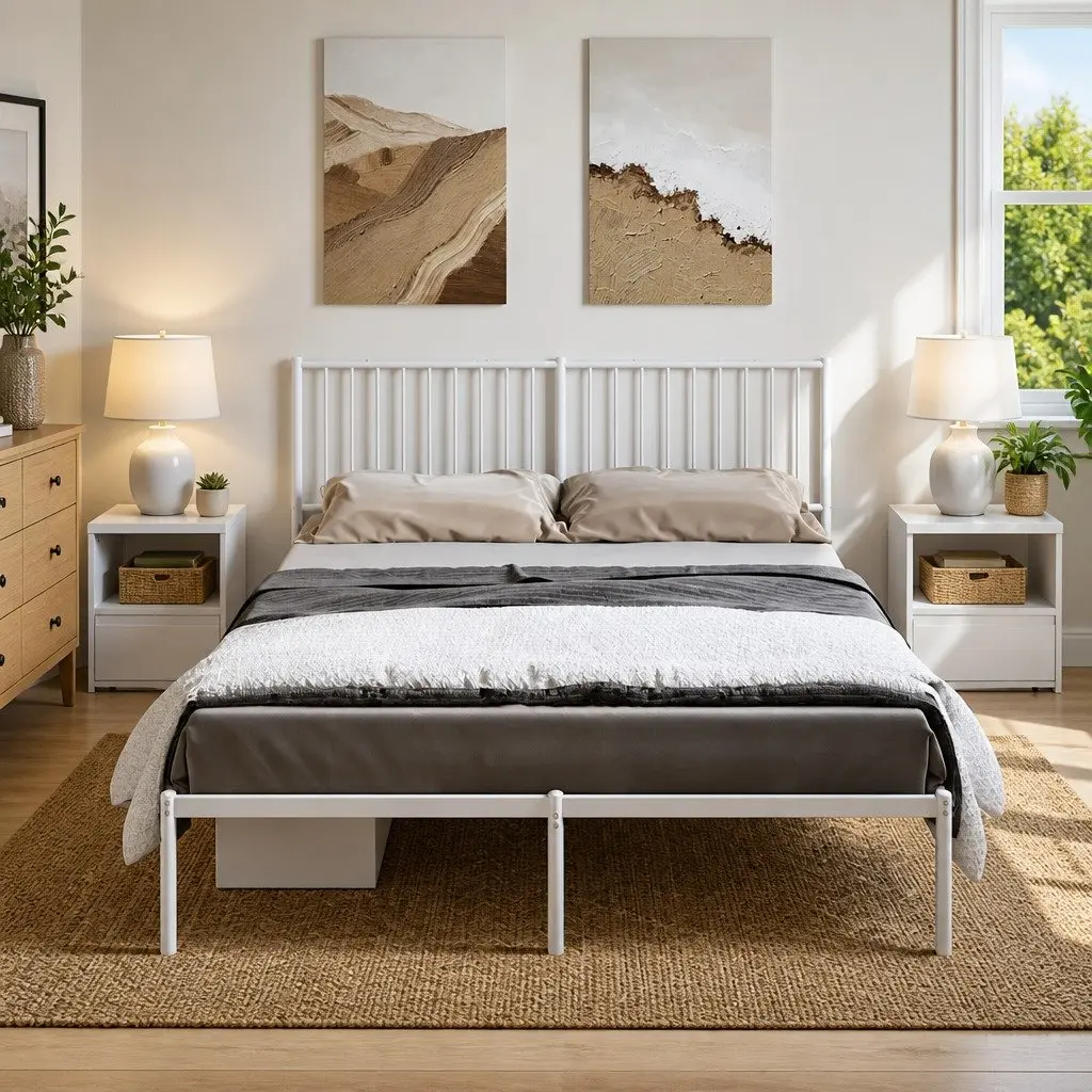 White Metal Bed Frame 150x200 cm with Storage