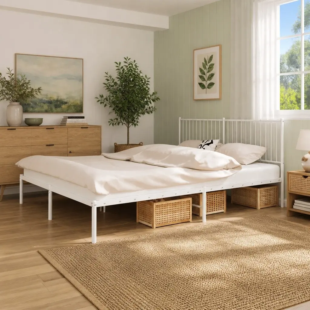 Metal Bed Frame King Size Headboard White 183x203 cm Steel Slats Support