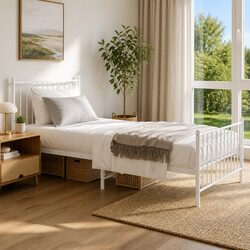 Reliable White Metal Bed Frame 90x190 cm with Practical Storage