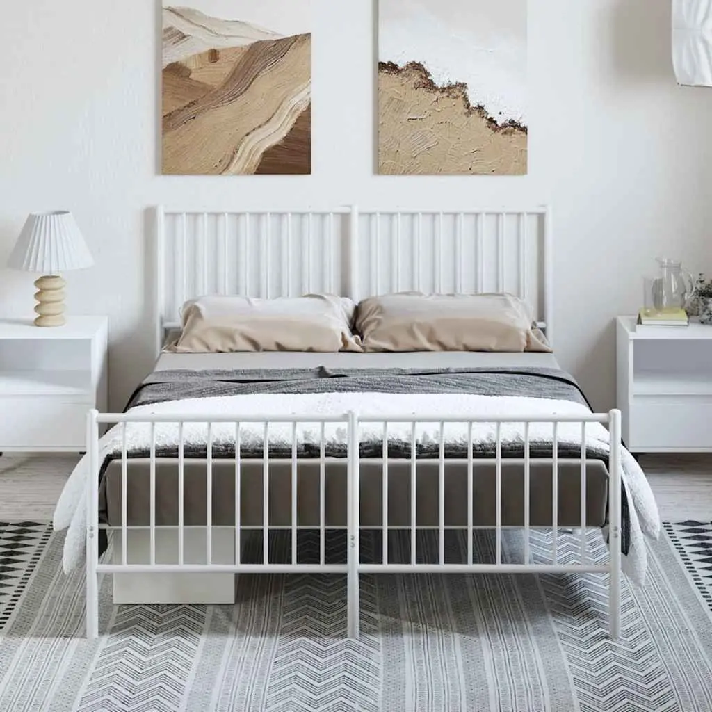 Metal Bed Frame 135x190 cm White Footboard Slatted Base