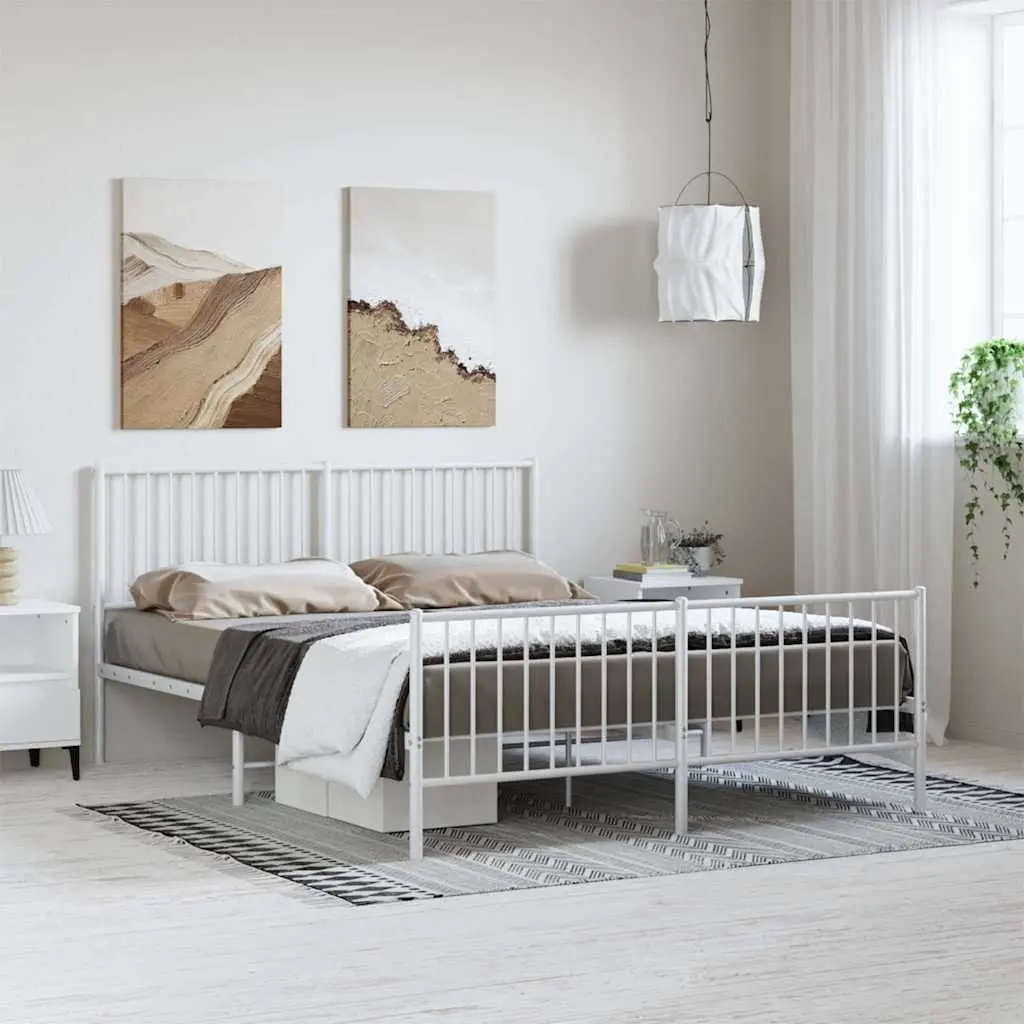 Metal Bed Frame 150x200 cm White Steel Construction for Bedroom Furniture