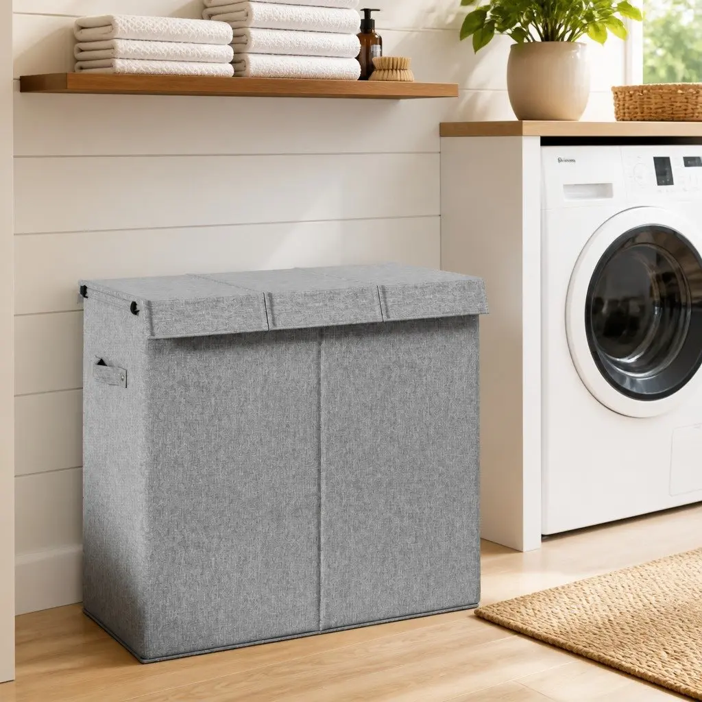 Foldable Laundry Hamper Grey 64.5x34.5x59cm 3-Section Storage Basket Side