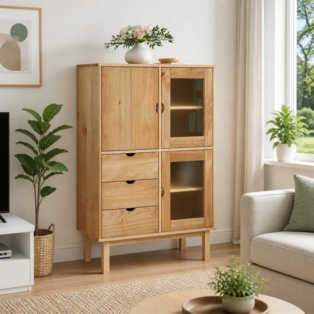 Highboard Storage Cabinet Solid Wood Pine 85x43x125cm 3 Drawers Brown