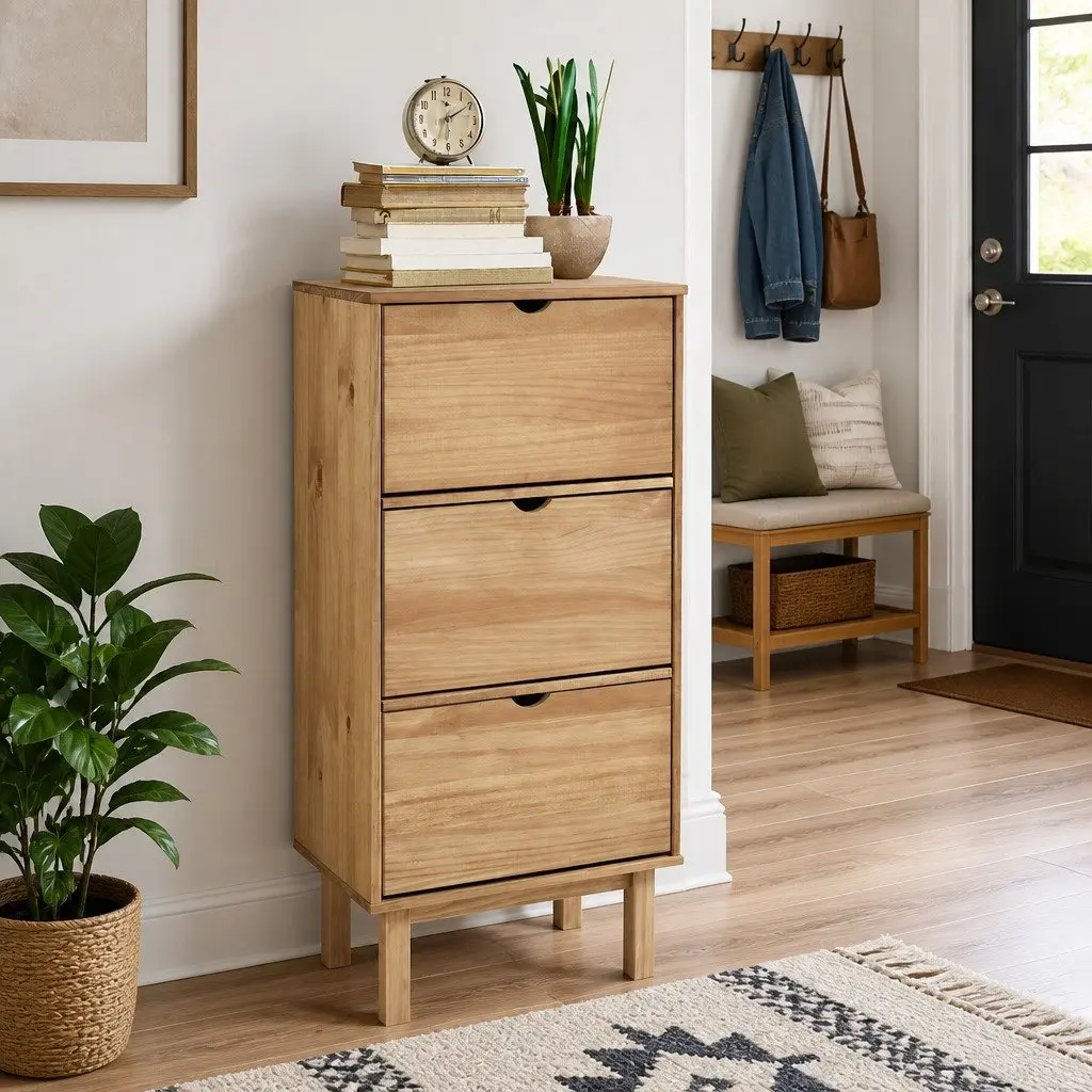 Shoe Cabinet Storage Organiser 3 Drawers Brown Solid Pine Wood