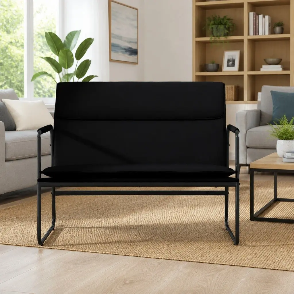 Black Faux Leather Bench with Padded Back Rest