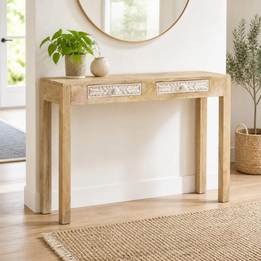 Console Table with Storage Drawers in Brown