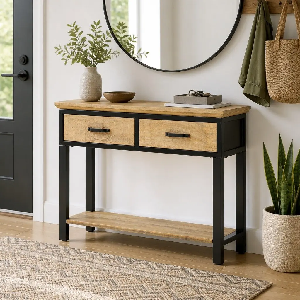 Console Table 110x30x75cm Solid Mango Wood 2 Drawers Shelf Storage Entryway