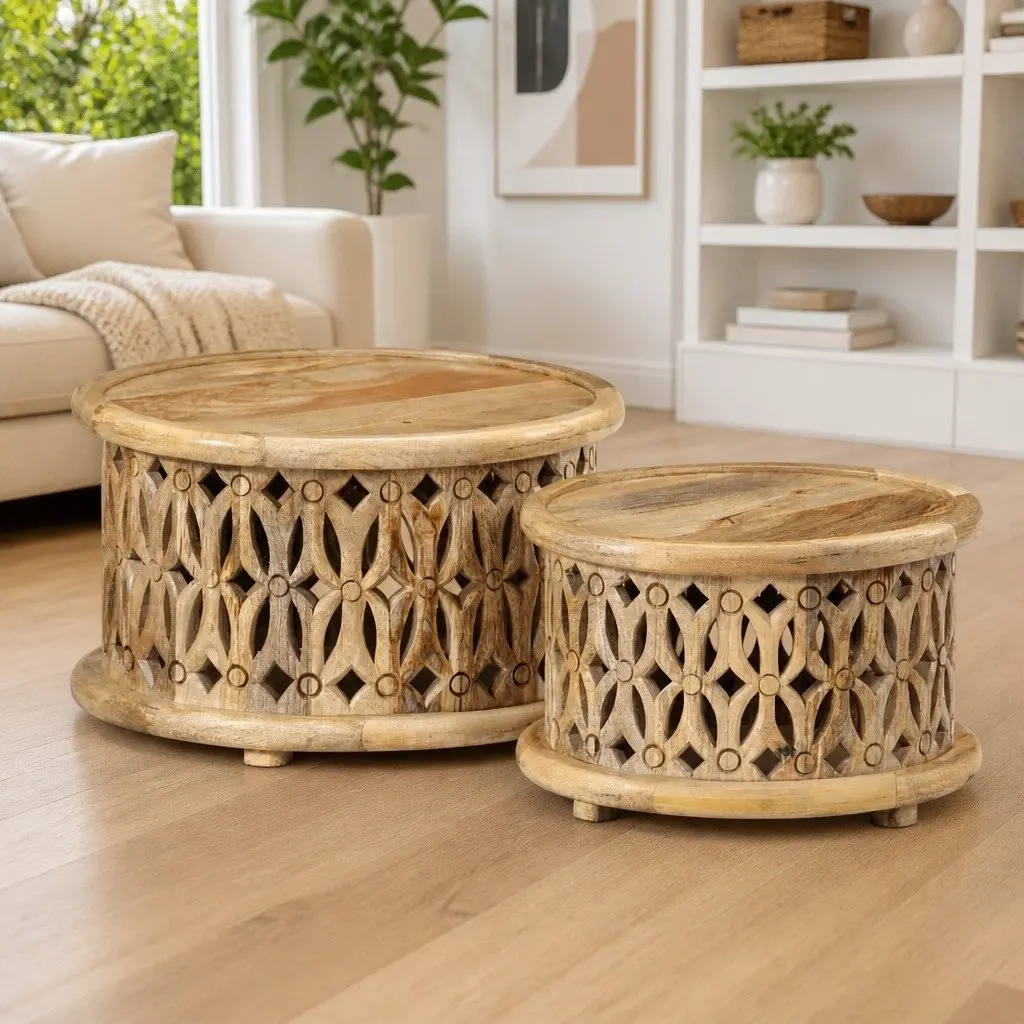 2 Piece Coffee Table Set Solid Wood Brown Living Room Furniture