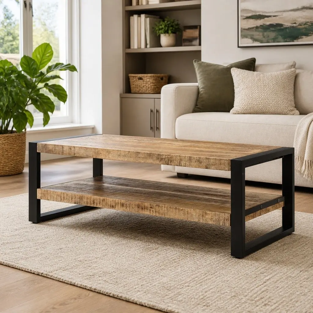 Coffee Table Rustic Two Tier 120x55x40 cm Solid Wood Mango Brown