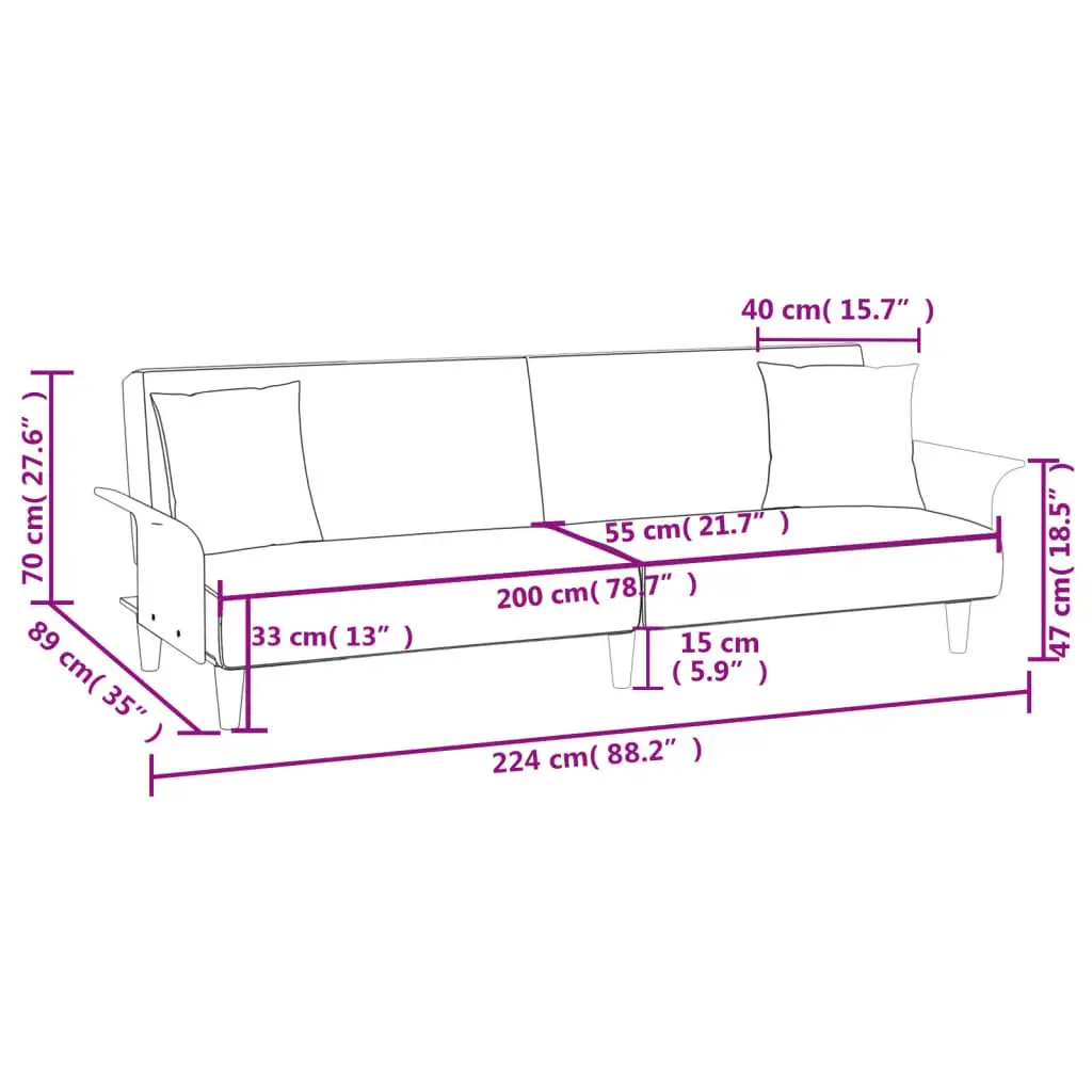Sofa Bed Grey Fabric Adjustable Backrest Armrests