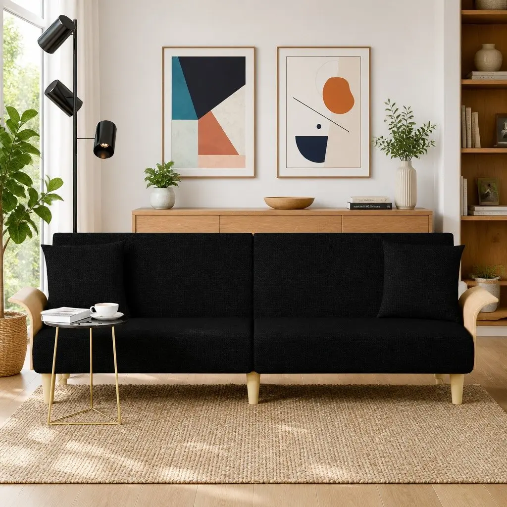 Black Sofa Bed with Armrests and Cushions