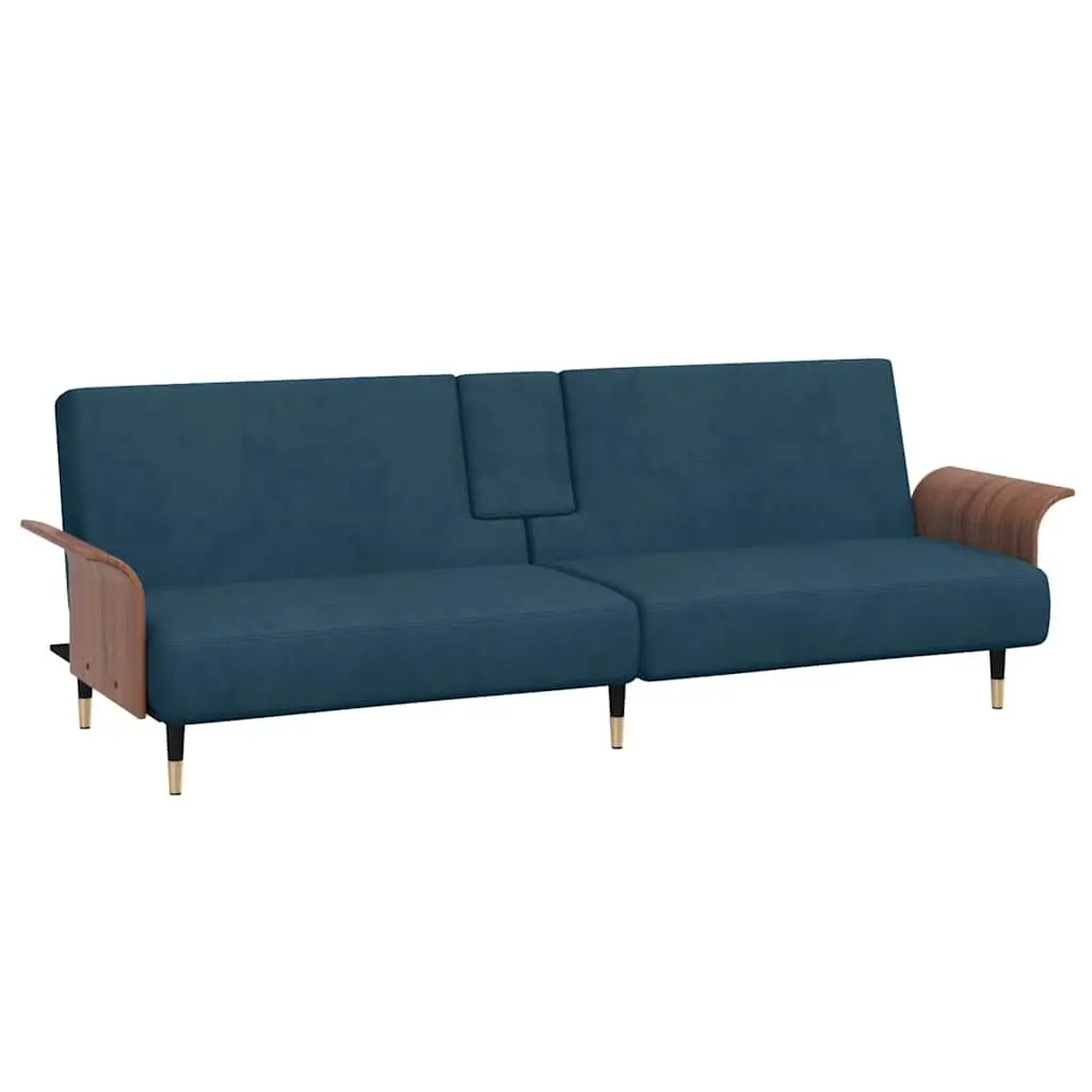 Sofa Bed with Adjustable Backrest Cup Holders USB Ports Blue Velvet Sleeper