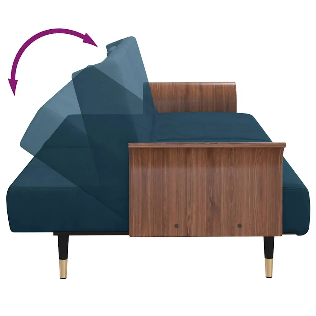 Sofa Bed with Adjustable Backrest Cup Holders USB Ports Blue Velvet Sleeper