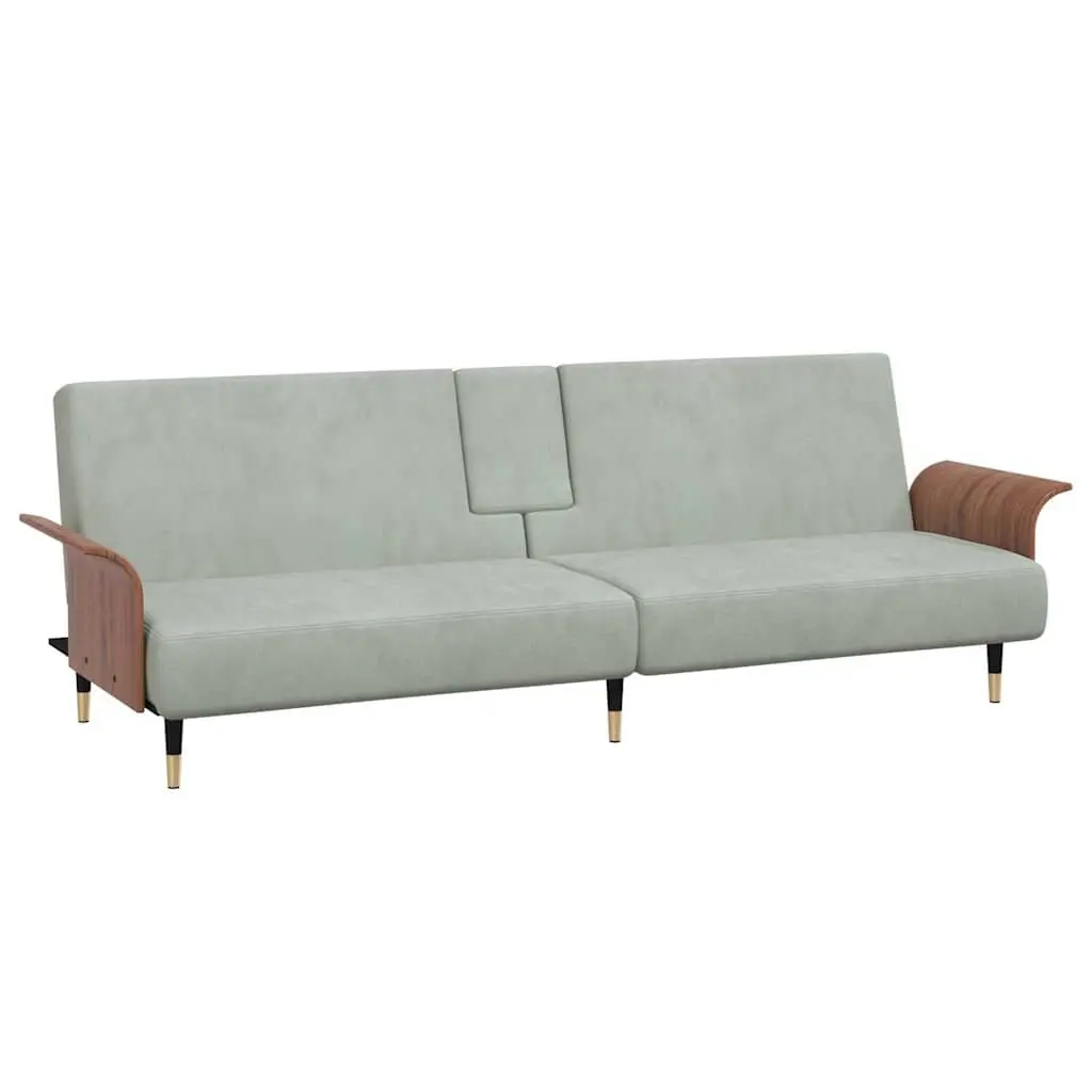 Sofa Bed Grey Velvet Foldable Tea Table with Adjustable Backrest and Cup Holders