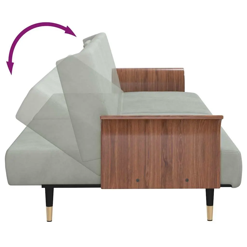 Sofa Bed Grey Velvet Foldable Tea Table with Adjustable Backrest and Cup Holders
