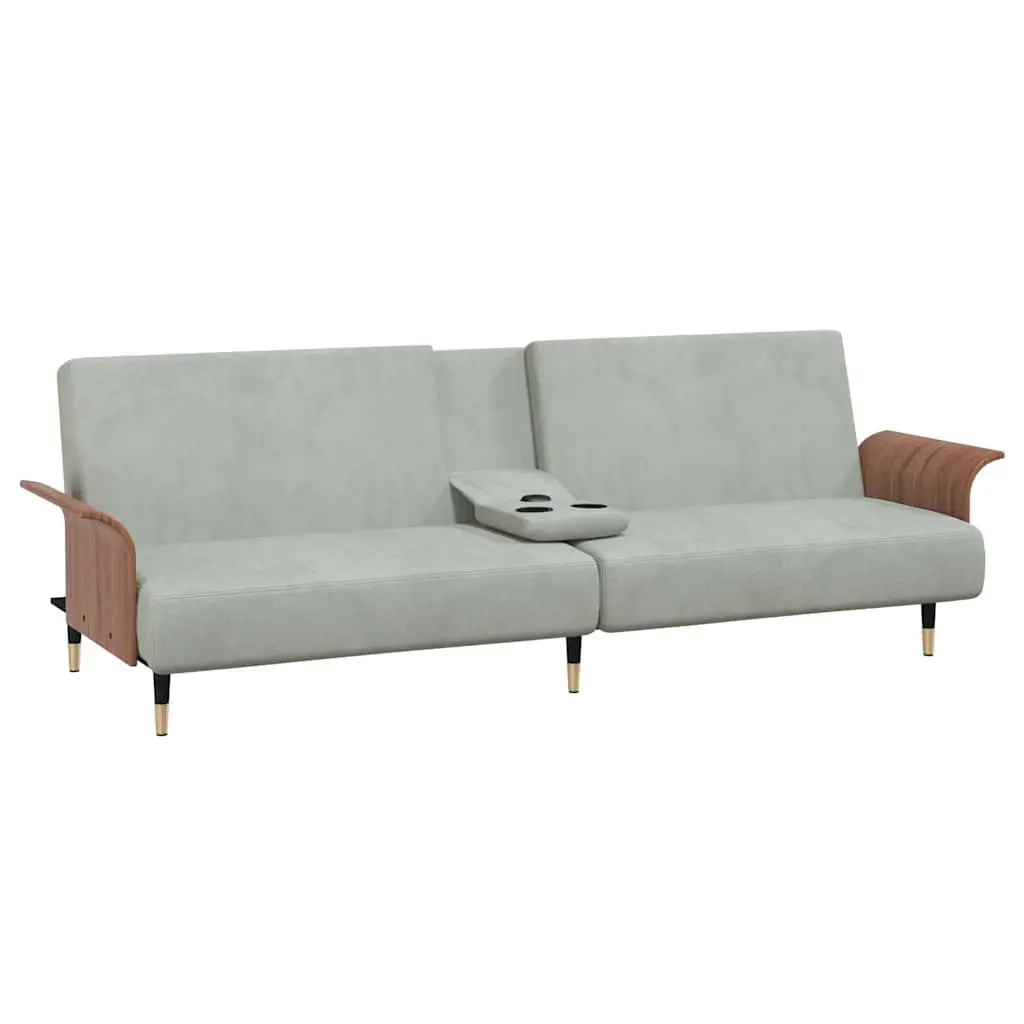 Sofa Bed Grey Velvet Foldable Tea Table with Adjustable Backrest and Cup Holders