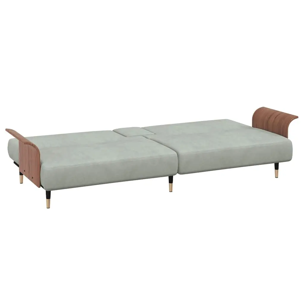 Sofa Bed Grey Velvet Foldable Tea Table with Adjustable Backrest and Cup Holders
