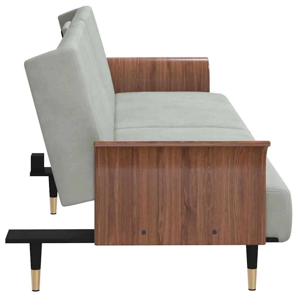Sofa Bed Grey Velvet Foldable Tea Table with Adjustable Backrest and Cup Holders