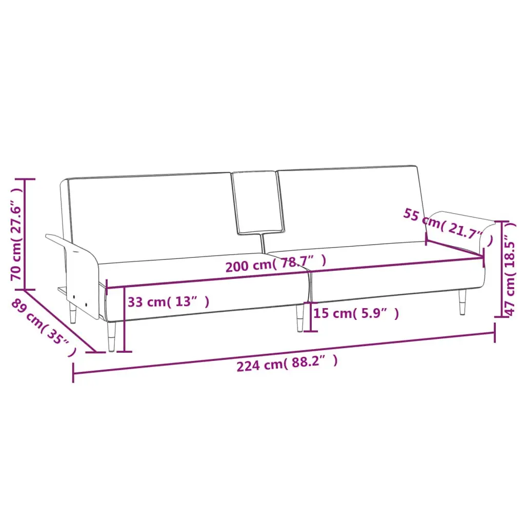 Sofa Bed with Cup Holders Adjustable Backrest Grey Velvet Sleeper Couch