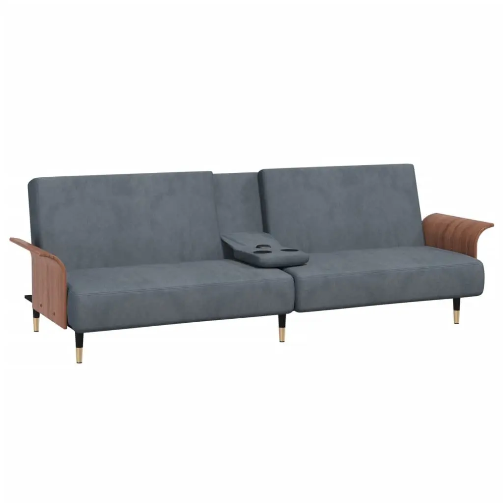 Sofa Bed with Cup Holders Adjustable Backrest Grey Velvet Sleeper Couch