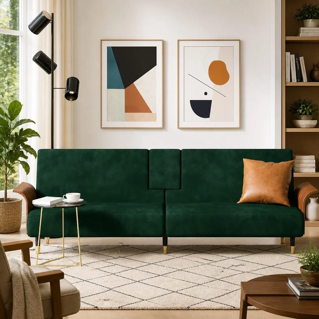 Sofa Bed Green Velvet Adjustable Backrest Foldable Tea Table with Cup Holders and USB Ports