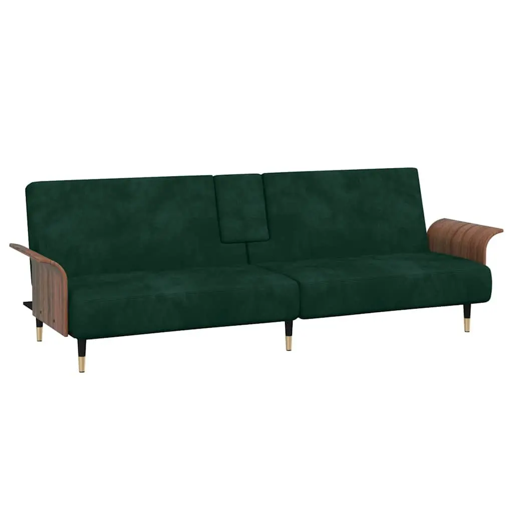 Sofa Bed Green Velvet Adjustable Backrest Foldable Tea Table with Cup Holders and USB Ports