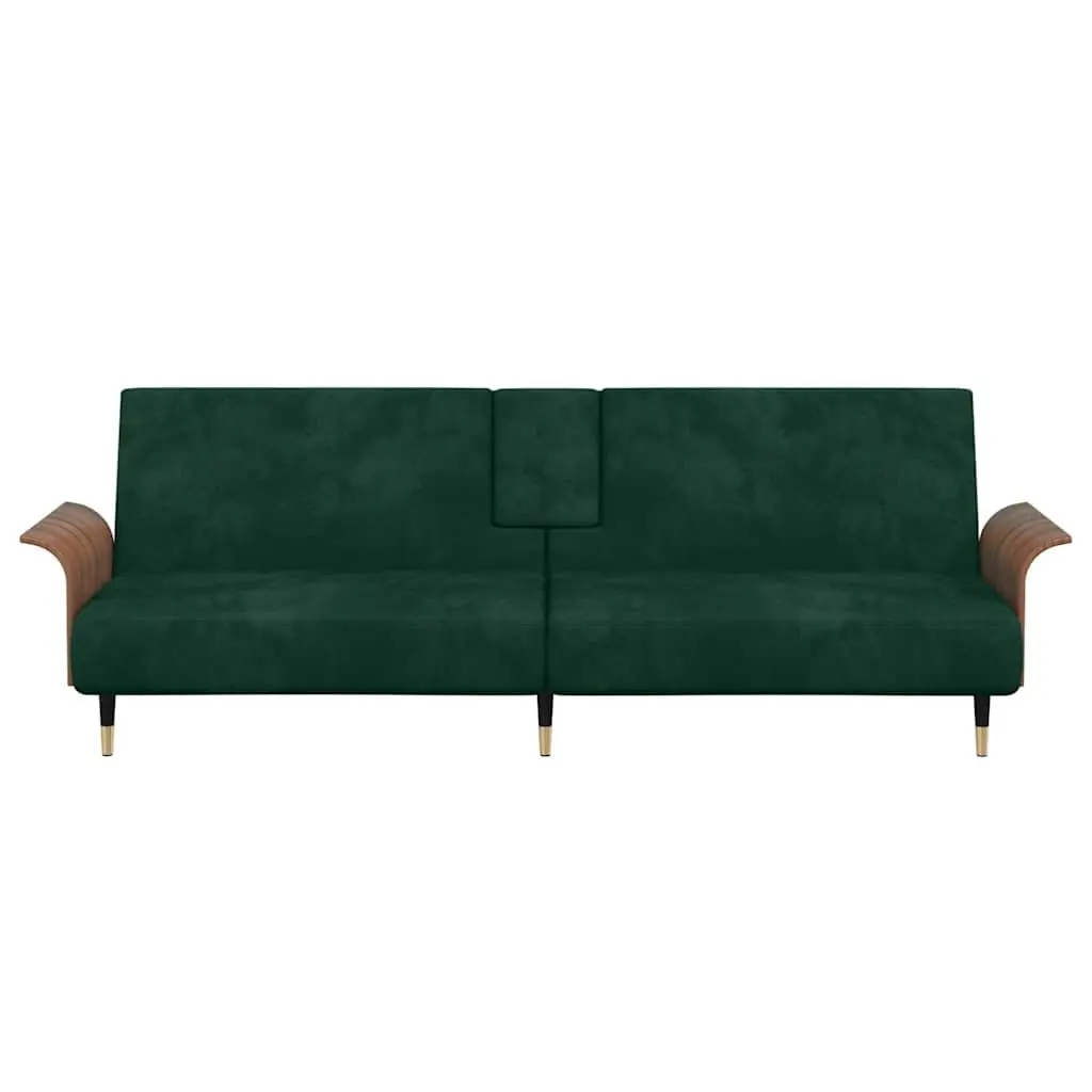 Sofa Bed Green Velvet Adjustable Backrest Foldable Tea Table with Cup Holders and USB Ports
