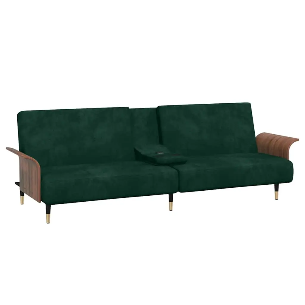 Sofa Bed Green Velvet Adjustable Backrest Foldable Tea Table with Cup Holders and USB Ports